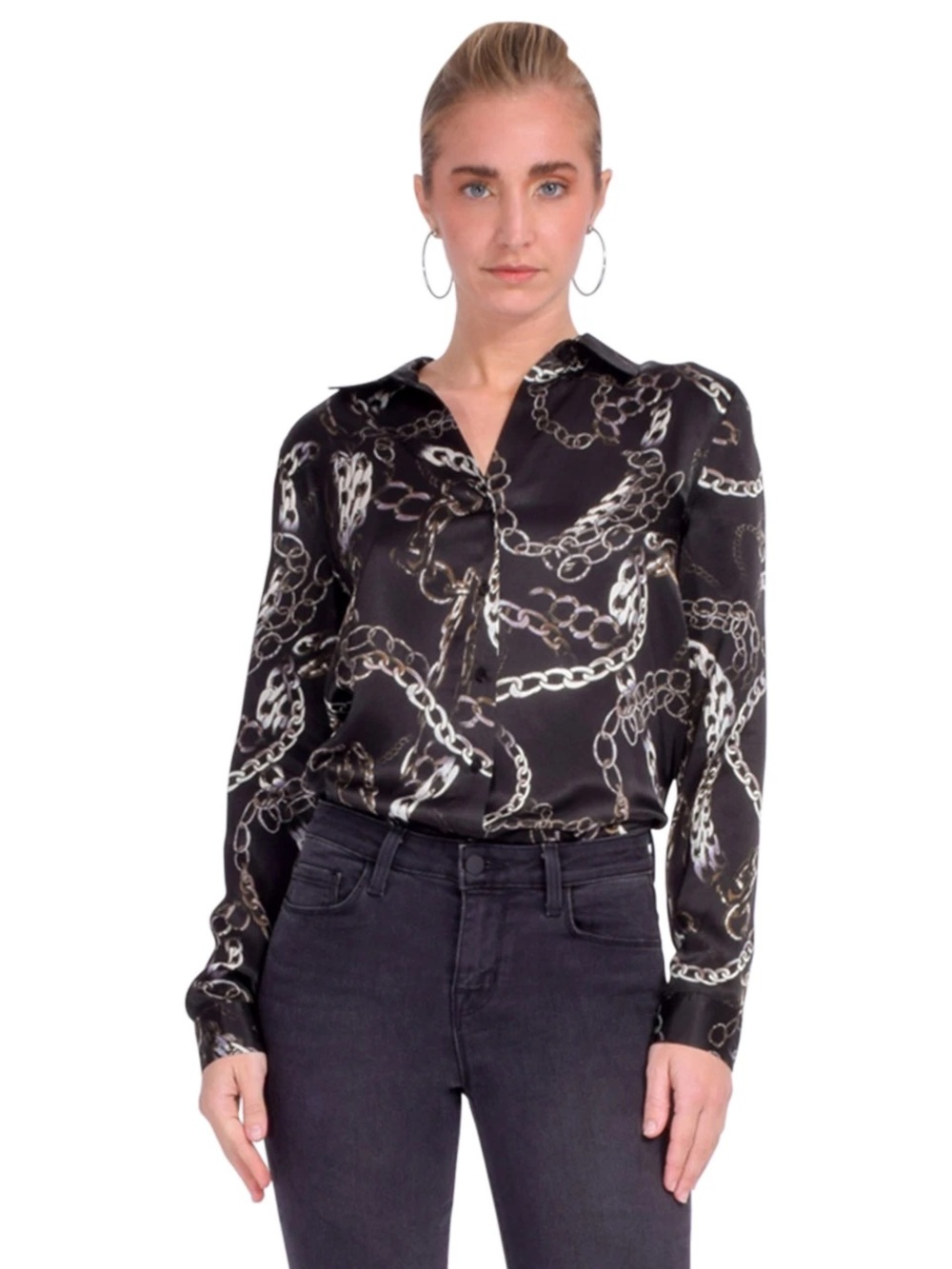 L’AGENCE Tyler Silk Blouse in Black Multi Grunge Chain, Size Small
